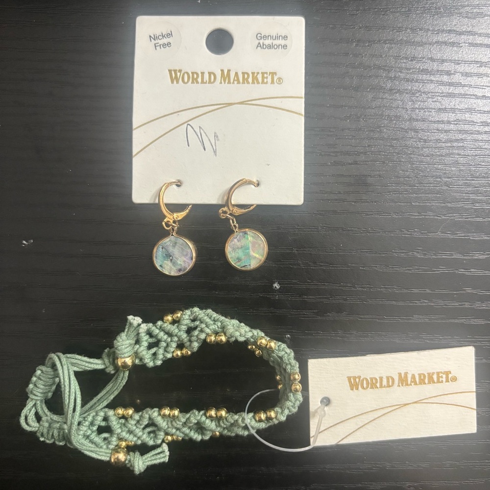 World Market Jewelry Set Bracelet and Genuine Abalone Earrings